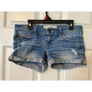 Hollister Low Rise Distressed Denim Shorts Light Wash Cuffed Size 0 W24 Seagull